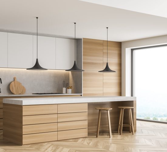 Corner of the panoramic kitchen interior with a breakfast bar table, three pendant lamps, two stools, white upper cabinets and wood materials. Parquet. A concept of on trend design. 3d rendering